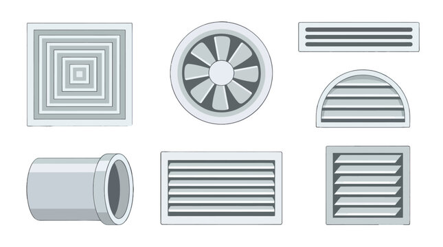 Set of Various HVAC Ventilation Grilles and Air Ducts.