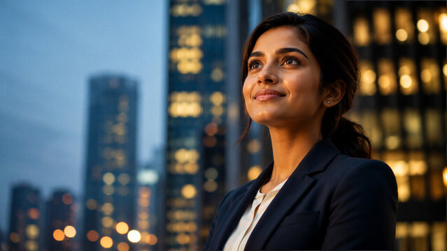 Confident Young Businesswoman Looking Towards Future Success in Modern Financial District at Dusk