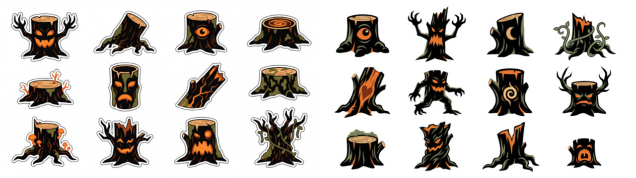 Spooky Halloween Monster Tree Stump Cartoon Character Vector Set
