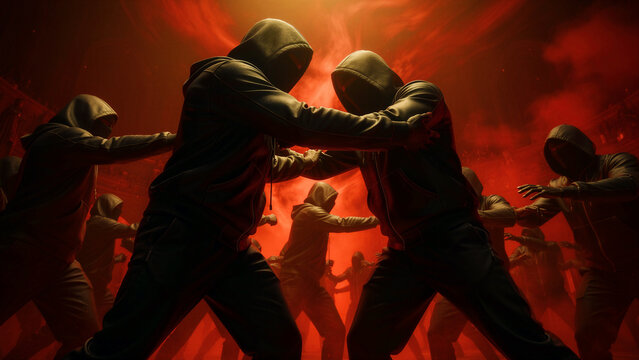 Group of mysterious hooded figures fighting in a smoke-filled room with red lighting. Masked men engage in physical struggle amidst an underground brawl. Rebellion and social unrest concept.