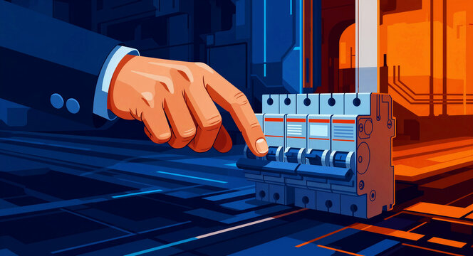 Hand in a business suit reaching to flip a circuit breaker switch. Professional technician operating an electrical panel in an industrial setting. Power management and safety control concept.