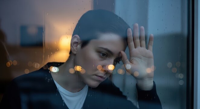 Young woman looking out of window with a contemplative expression. Reflective mood and urban setting highlight introspection and solitude.