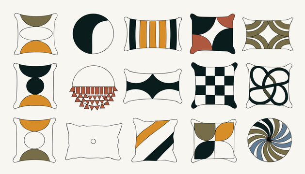 Decorative pillow and cushion vector set with geometric patterns and mid-century art style