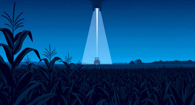 UFO beam shining on a tractor in a cornfield at night. Flat vector illustration of an alien encounter on a rural farm. Sci-fi mystery concept, ideal for book covers and creative media.