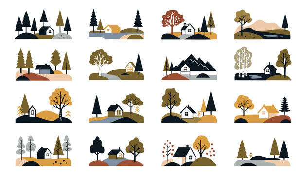 Flat design landscape collection with houses trees and mountains in warm colors