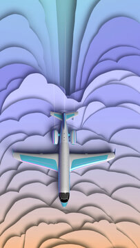 A plane flying through colorful, layered clouds in the sky.