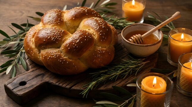 Round challah bread, sweet honey, and burning candles on rustic wood table for Rosh Hashanah.