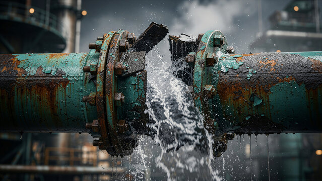 Broken industrial pipe bursting with pressurized water. Rusty metal flanges show corrosion and failure in a factory. Emergency leak concept, ideal for repair and infrastructure maintenance.