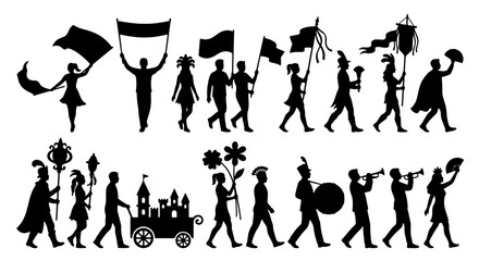 Silhouette Parade Icons, Marching Band and Festival Figures, Celebration and Event Vector Elements, Black and White Procession Set