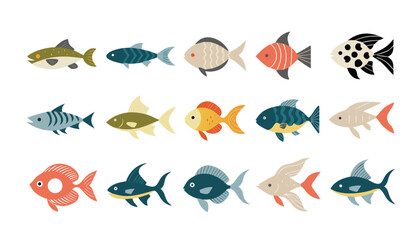 Fototapeta premium Modern fish vector set featuring diverse underwater species for nautical designs