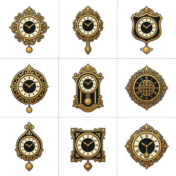 Antique pendulum clock set with gold frames.