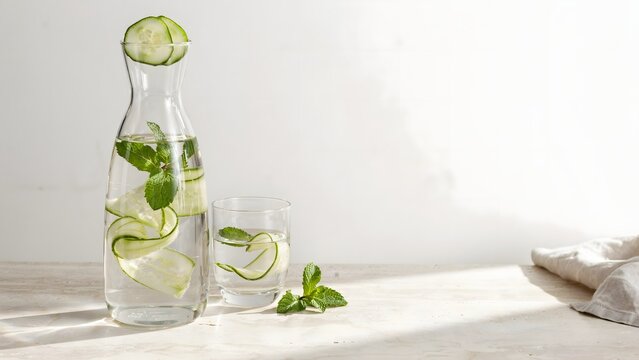 Infused detox water with cucumber ribbons and mint sprig &ndash; Great for healthy lifestyle blogs, summer hydration campaigns, or spa ads.