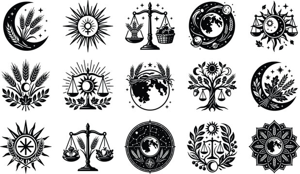 Autumn equinox and mabon pagan celebration black vector esoteric icons collection set isolated on white background