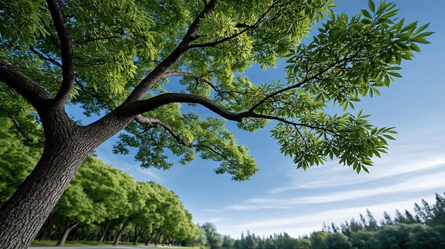 Crystal clear blue sky above a lush green forest symbolizing a healthy ozone layer, environmental protection concept, ultra realistic landscape photography