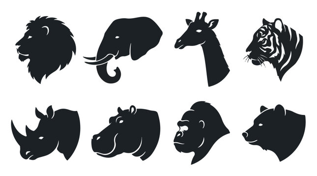 A set of eight wild animal heads silhouette vector icon illustrations on a white background
