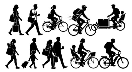 Obraz premium Diverse People Silhouettes: Walking, Cycling, Commuting, Family Transport, Urban Mobility Vector Icons Set
