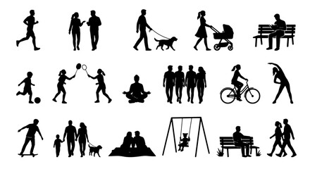 Obraz premium Diverse People Silhouettes Collection: Active Lifestyle, Family, Recreation, and Relaxation Vector Icons for Design