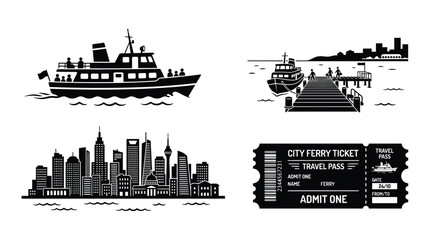 Naklejka premium Ferry Boat And City Skyline Silhouette On White Background