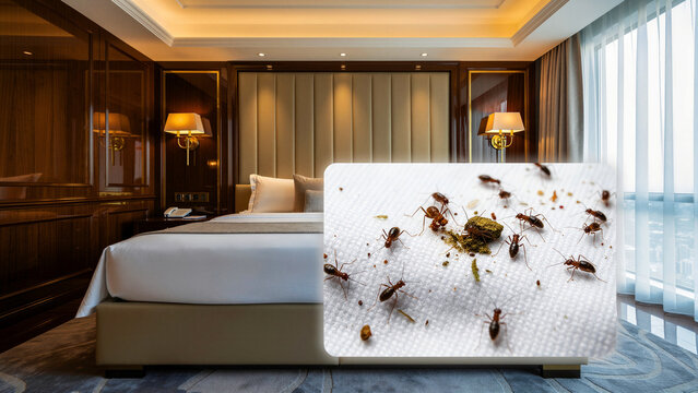 Termites crawling on bed sheets in a luxury hotel room. Macro view of pests on white linens inside an upscale bedroom suite. Pest control and sanitation concept for the hospitality industry.