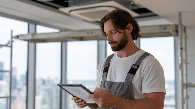 An air conditioning repair technician viewed over the shoulder in a luxury penthouse suite reviews a case study layout on a tablet, a disassembled ceiling unit above on a