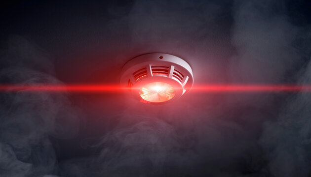 A smoke detector emitting a red alert signal in the dark.