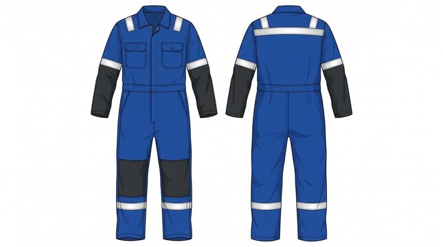 Blue Industrial Safety Coverall Flat Technical Sketch Front and Back View