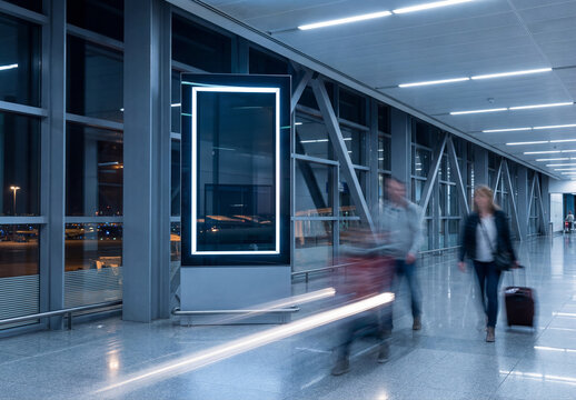 Vertical billboard in clean airport interior at night Mockup. Generative ai