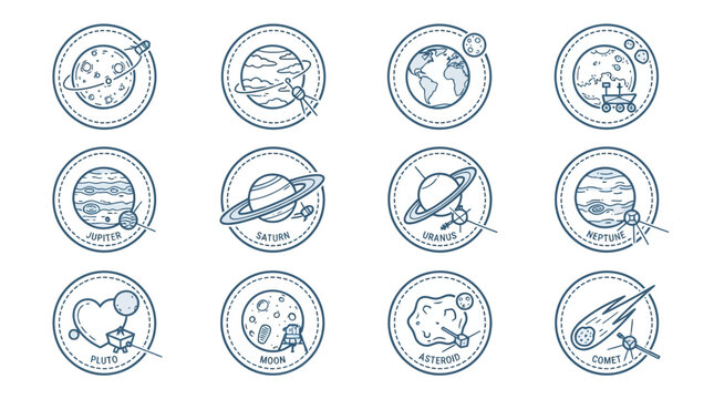 Set of twelve circular vector icons representing planets and celestial bodies in space.