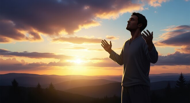 Young man enjoying sunset outdoors. Male figure embracing nature during golden hour, peaceful and reflective mood.