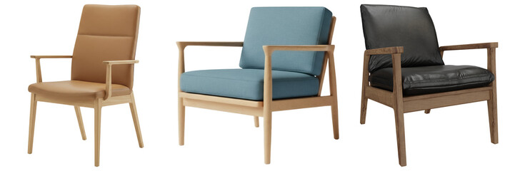 Fototapeta premium A stylish collection of modern armchairs with natural wood frames.