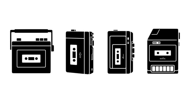 Retro Cassette Player Icons, Vintage Audio Device Set, Portable Music Player Vector Graphics