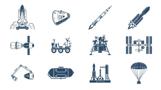 Set of various space exploration and rocket icons in a flat blue style.