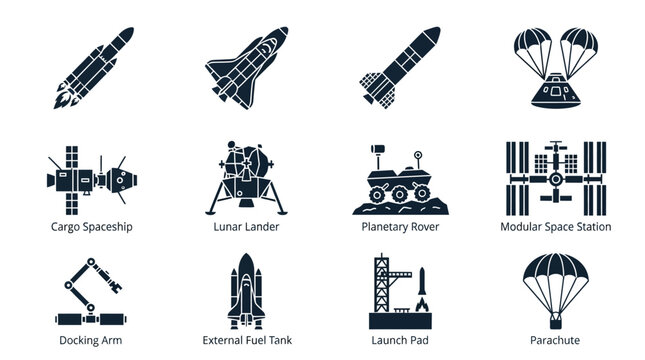 Set of flat vector icons representing various space exploration vehicles and equipment for aerospace design projects.