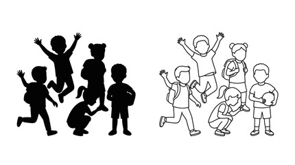 Obraz premium Children silhouettes and line art illustrations on a white background