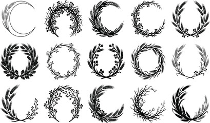 Autumn harvest wheat ears and berry wreaths black vector silhouettes collection set on white background © MdShoriful