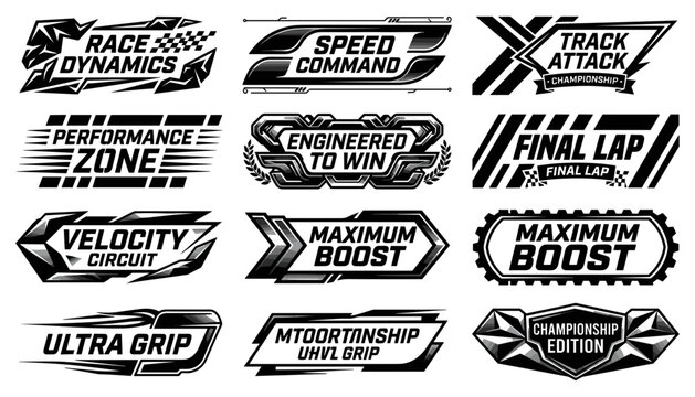 Logos Featuring Racing and Performance Themes with Bold Typography and Dynamic Designs Featuring Speed, Command, Track