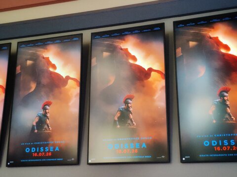 Ostia, Rome, Italy - July 22, 2026, light panels for director Christopher Nolan's film Odyssey, shot entirely with an IMAX camera, at Cineland Multiplex, Ostia's main multiplex cinema.