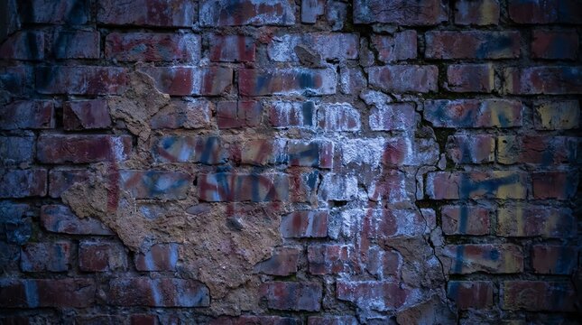 Abstract dark brick wall background with mysterious glowing blue light and grunge texture
