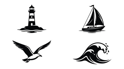 Nautical Silhouettes Featuring Lighthouse Sailboat Seagull And Wave On White © Abdullah