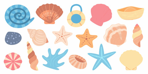 Colorful Seashells And Starfish A Vector Illustration On A White Background © Ruhidas