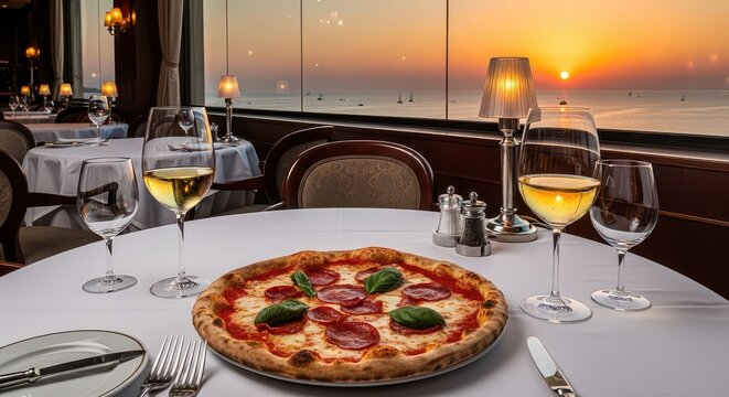 Elegant dinner setting with pizza and wine. Romantic dining experience at sunset restaurant.