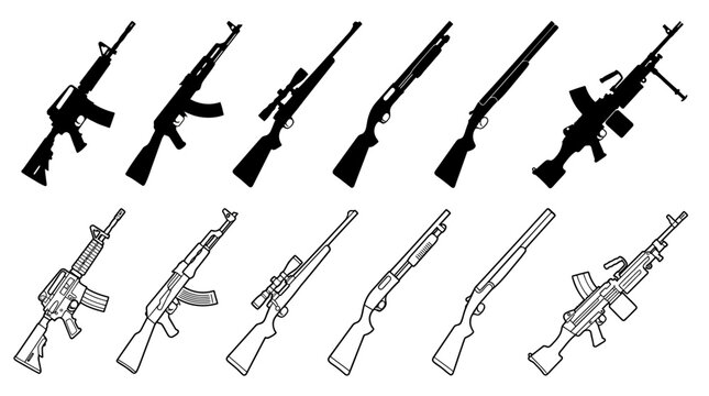 Assortment Of Firearms Black Line Art On White Background