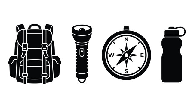 Backpack Flashlight Compass And Water Bottle Silhouette Collection On White