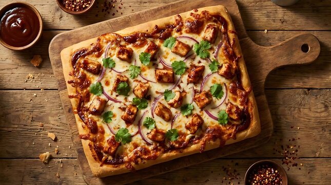 Square chicken and onion flatbread pizza on wood