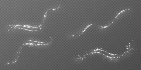 Transparent png white sparkling wave lines overlay with glowing elegant light trail dust effect glitter shimmering swirl particle background image sparkly luxury shimmer festive abstract magic design © Andrey