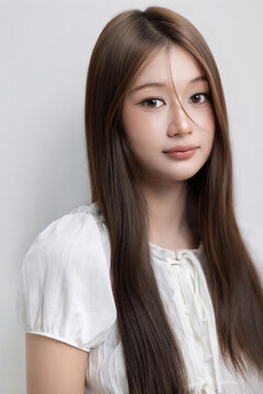 Korean style studio portrait of lovely young Asian woman with natural glam makeup and sleek brown hair against studio backdrop, clear skin and fresh aesthetic concept.