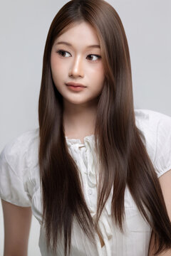 Korean style studio portrait of lovely young Asian woman with natural glam makeup and sleek brown hair against studio backdrop, clear skin and fresh aesthetic concept.