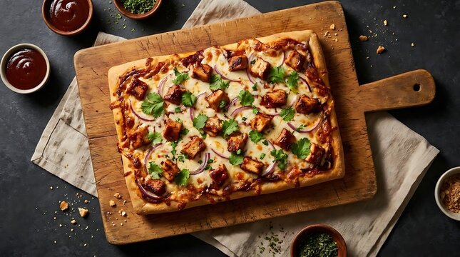 Square flatbread pizza on wooden board with dips.