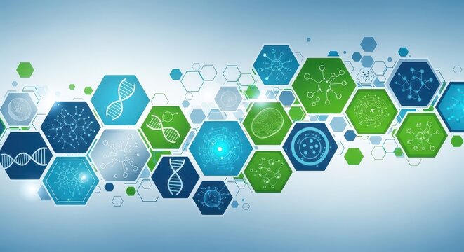 Futuristic digital technology concept with hexagonal icons. Modern innovation and data visualization for tech projects.