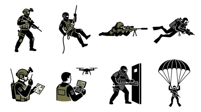 Set of silhouettes representing various special forces soldiers and tactical military operations.